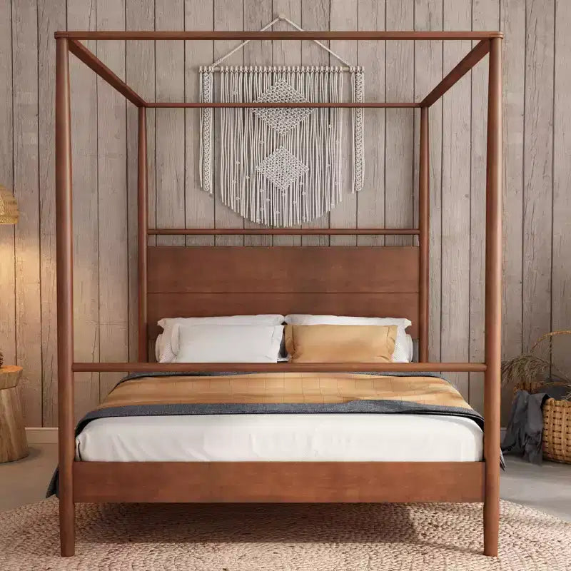 Modern Rustic Solid Wood Canopy Bed Frame with Built-in Headboard