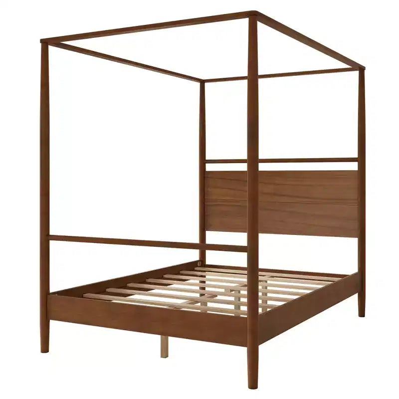 Modern Rustic Solid Wood Canopy Bed Frame with Built-in Headboard