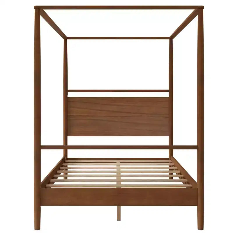 Modern Rustic Solid Wood Canopy Bed Frame with Built-in Headboard
