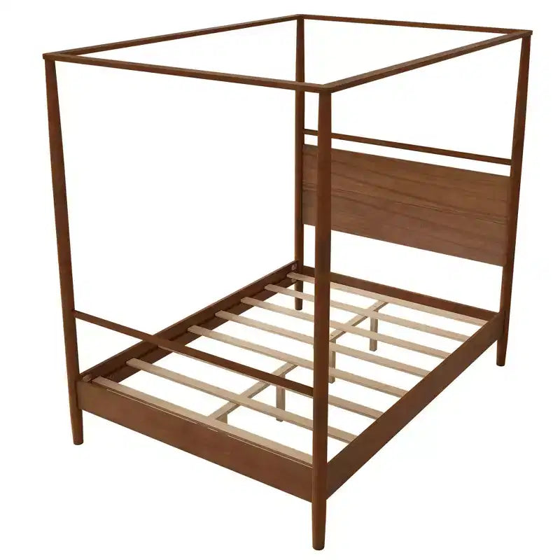 Modern Rustic Solid Wood Canopy Bed Frame with Built-in Headboard
