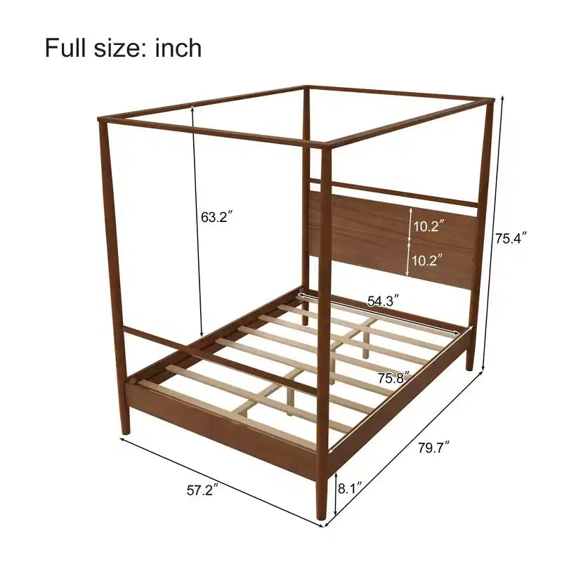 Modern Rustic Solid Wood Canopy Bed Frame with Built-in Headboard