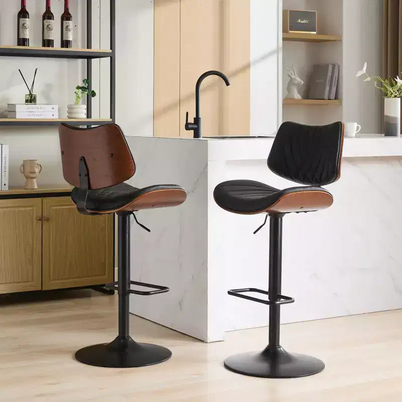 Walnut Bentwood Bar Stools Mid Century Modern Adjustable Counter Height Leather Upholstered 360 Swivel Bar Chairs, Beige