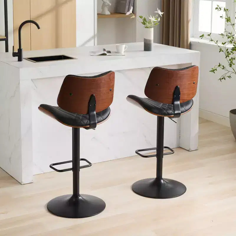 Walnut Bentwood Bar Stools Mid Century Modern Adjustable Counter Height Leather Upholstered 360 Swivel Bar Chairs, Beige