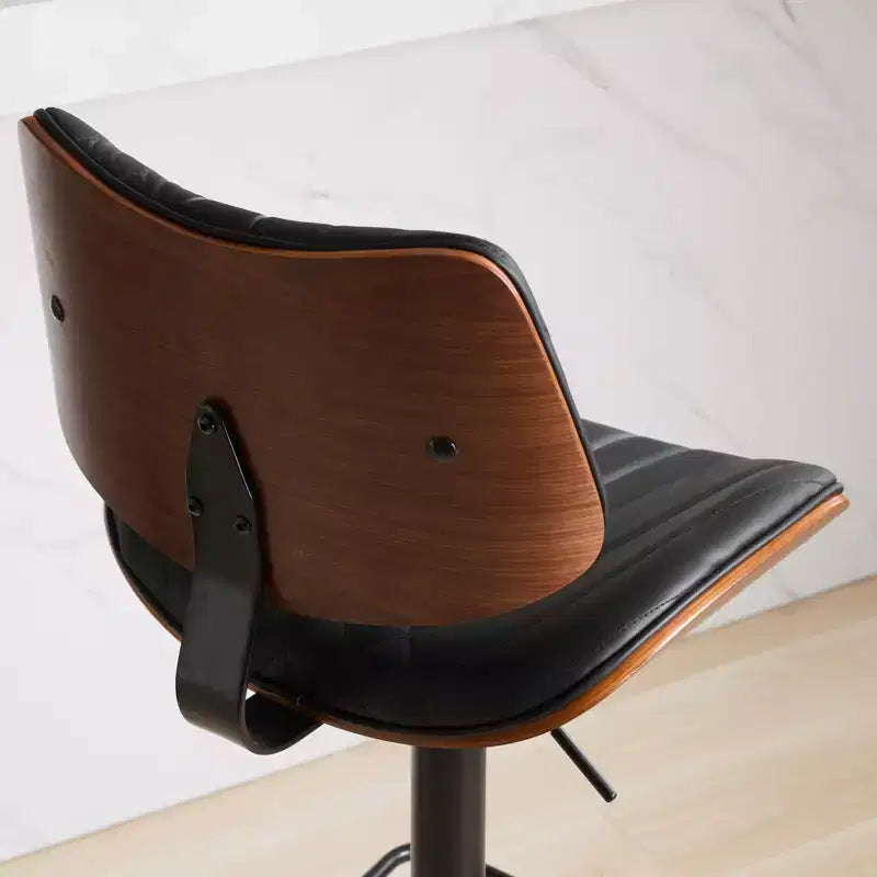 Walnut Bentwood Bar Stools Mid Century Modern Adjustable Counter Height Leather Upholstered 360 Swivel Bar Chairs, Beige