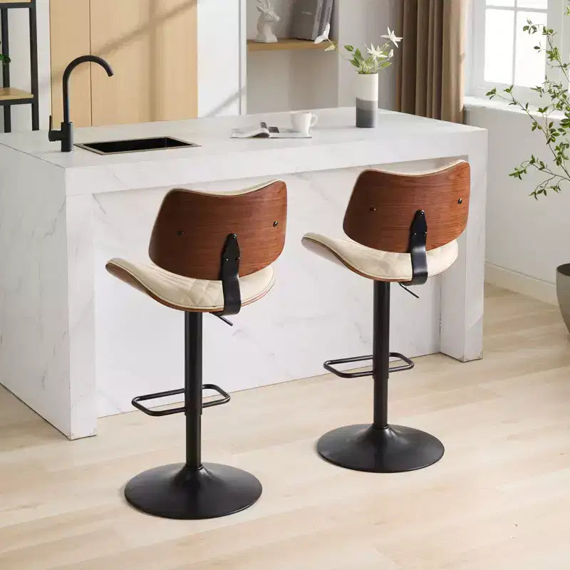 Walnut Bentwood Bar Stools Mid Century Modern Adjustable Counter Height Leather Upholstered 360 Swivel Bar Chairs, Beige
