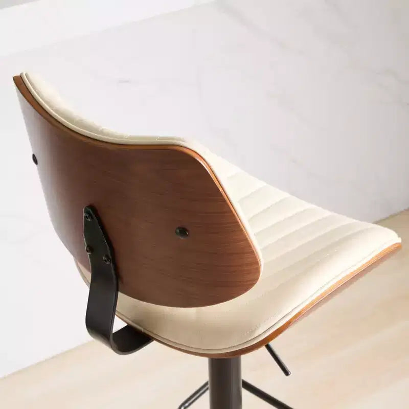 Walnut Bentwood Bar Stools Mid Century Modern Adjustable Counter Height Leather Upholstered 360 Swivel Bar Chairs, Beige