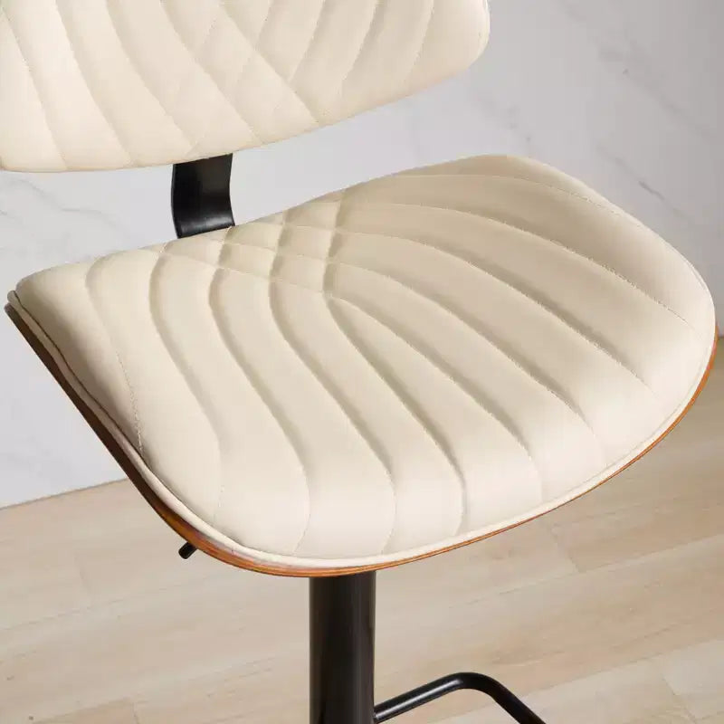 Walnut Bentwood Bar Stools Mid Century Modern Adjustable Counter Height Leather Upholstered 360 Swivel Bar Chairs, Beige
