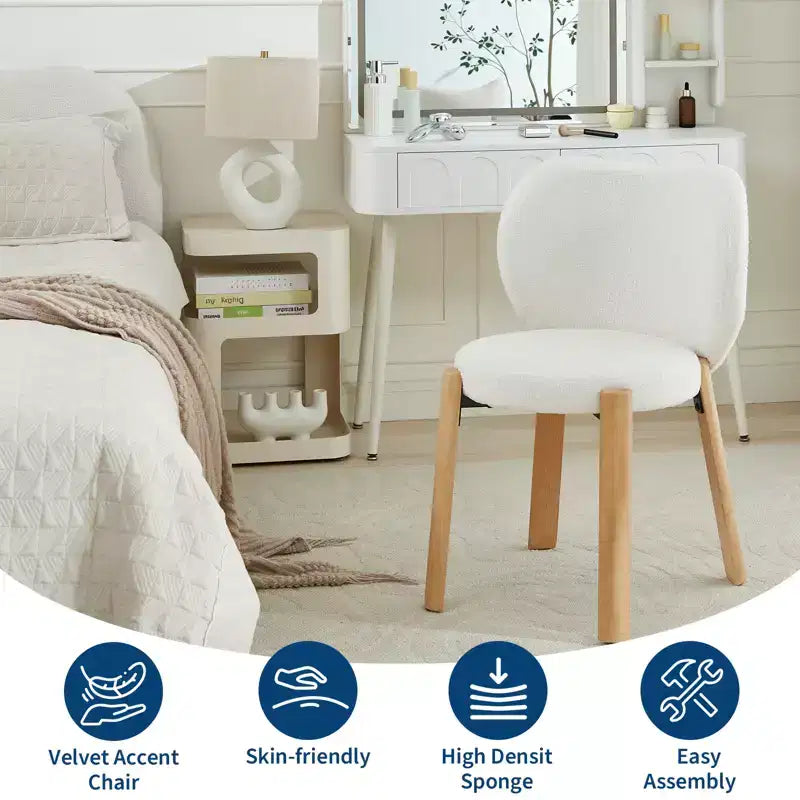 Wood Dining Chairs Plush Teddy Fabric, Modern Cute Design, Curved Backrest, Wood Frame, Upholstered for Kitchen and Living Room