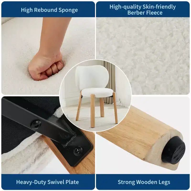 Wood Dining Chairs Plush Teddy Fabric, Modern Cute Design, Curved Backrest, Wood Frame, Upholstered for Kitchen and Living Room
