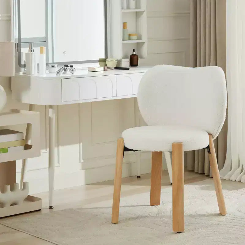 Wood Dining Chairs Plush Teddy Fabric, Modern Cute Design, Curved Backrest, Wood Frame, Upholstered for Kitchen and Living Room