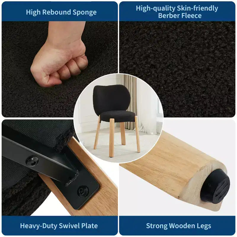 Wood Dining Chairs Plush Teddy Fabric, Modern Cute Design, Curved Backrest, Wood Frame, Upholstered for Kitchen and Living Room