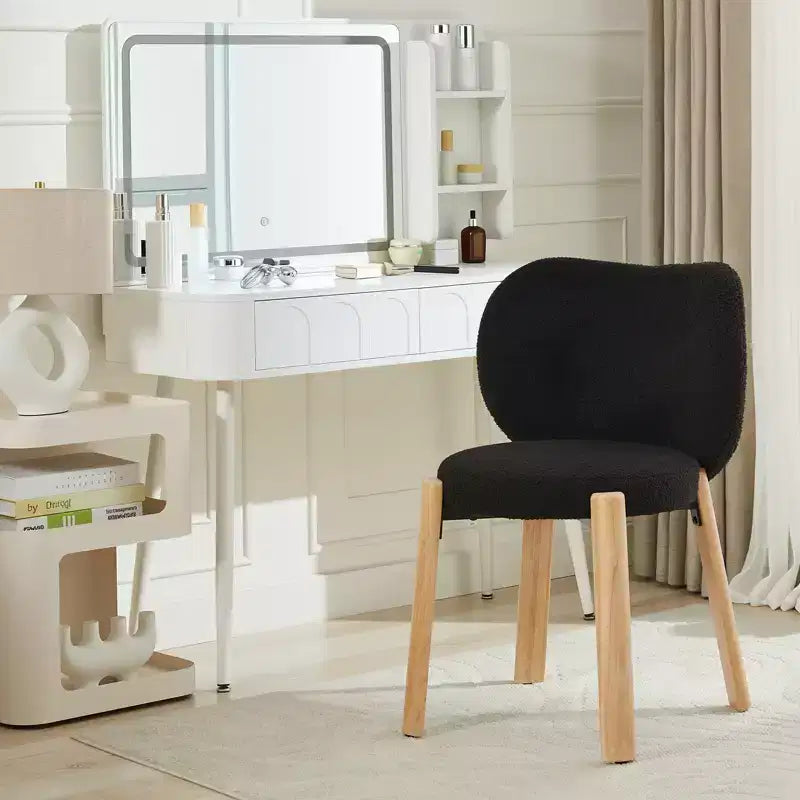 Wood Dining Chairs Plush Teddy Fabric, Modern Cute Design, Curved Backrest, Wood Frame, Upholstered for Kitchen and Living Room