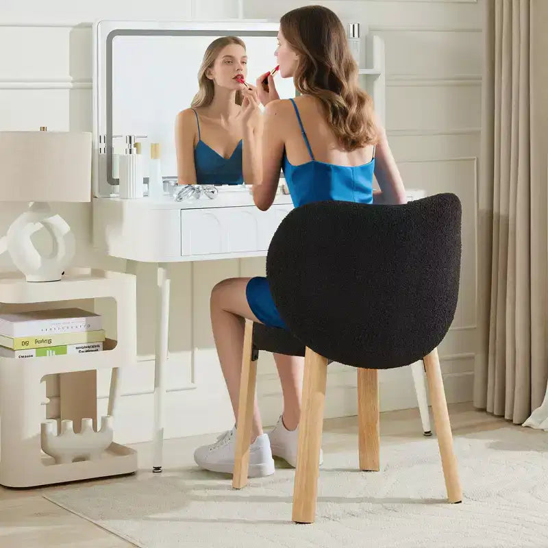 Wood Dining Chairs Plush Teddy Fabric, Modern Cute Design, Curved Backrest, Wood Frame, Upholstered for Kitchen and Living Room