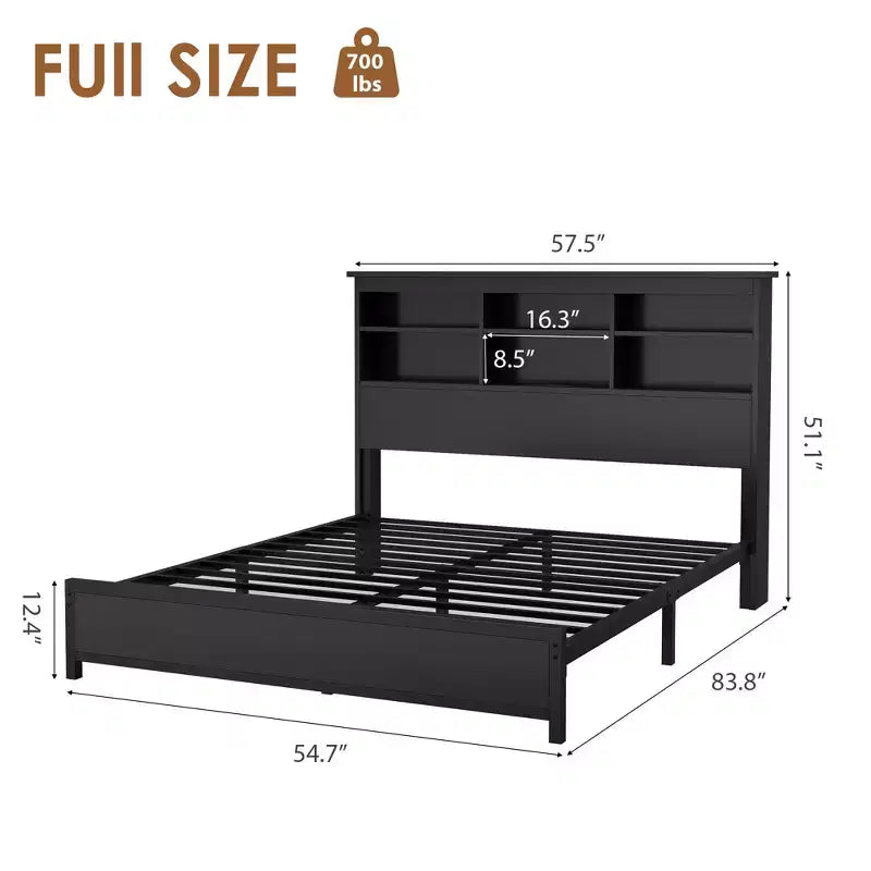 Full Size Bed Frame with Bookcase Headboard, Full Platform Bed with 2-tier Storage Charging Station, No Box Spring Needed Easy AssembleBlack