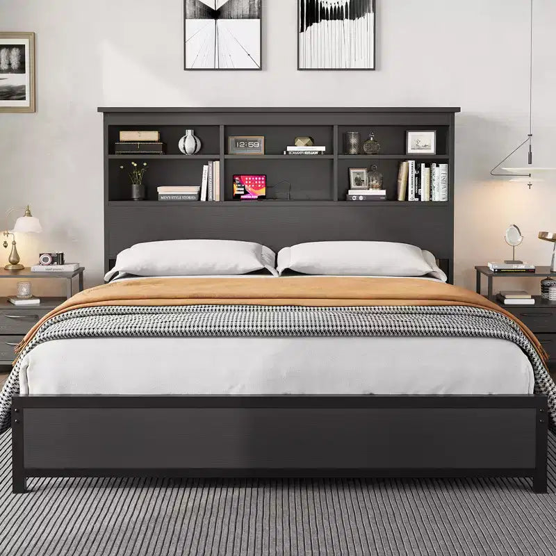 Full Size Bed Frame with Bookcase Headboard, Full Platform Bed with 2-tier Storage Charging Station, No Box Spring Needed Easy AssembleBlack
