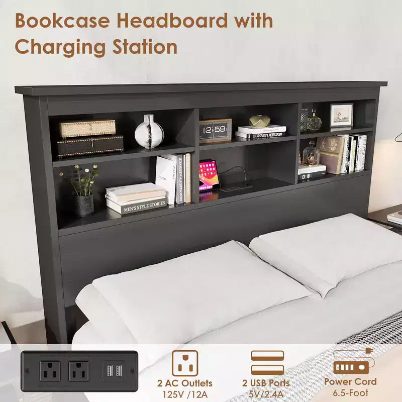 Full Size Bed Frame with Bookcase Headboard, Full Platform Bed with 2-tier Storage Charging Station, No Box Spring Needed Easy AssembleBlack