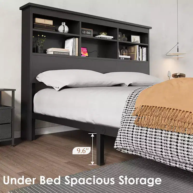 Full Size Bed Frame with Bookcase Headboard, Full Platform Bed with 2-tier Storage Charging Station, No Box Spring Needed Easy AssembleBlack