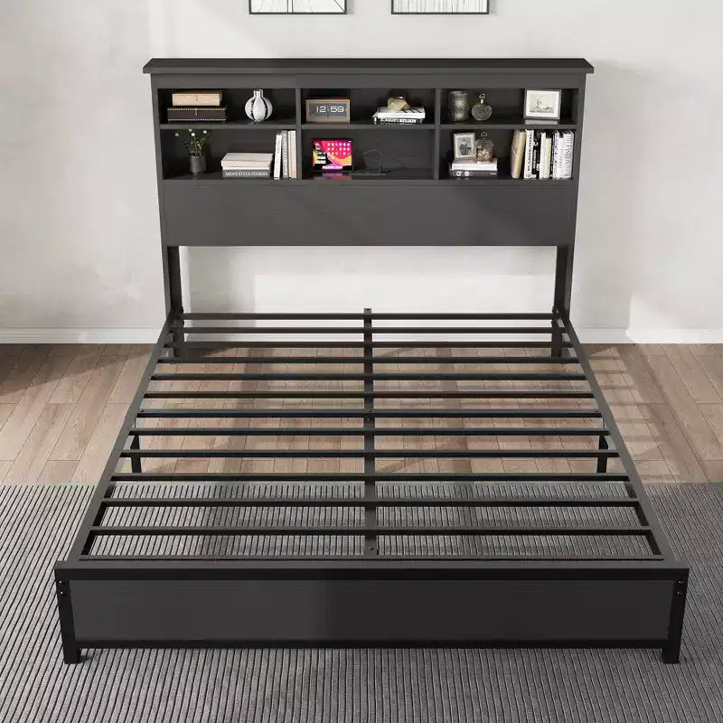 Full Size Bed Frame with Bookcase Headboard, Full Platform Bed with 2-tier Storage Charging Station, No Box Spring Needed Easy AssembleBlack