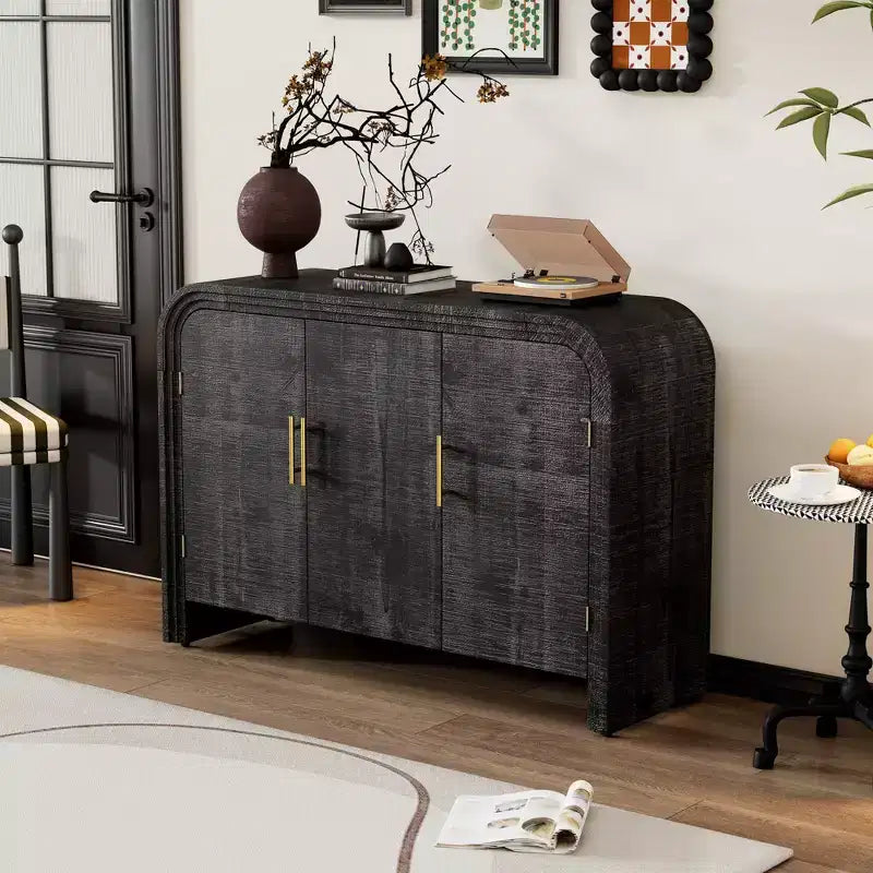Retro Curved Sideboard with Gold Handles Adjustable Divides for Living Room Dining Room Antique Black