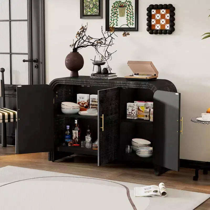 Retro Curved Sideboard with Gold Handles Adjustable Divides for Living Room Dining Room Antique Black