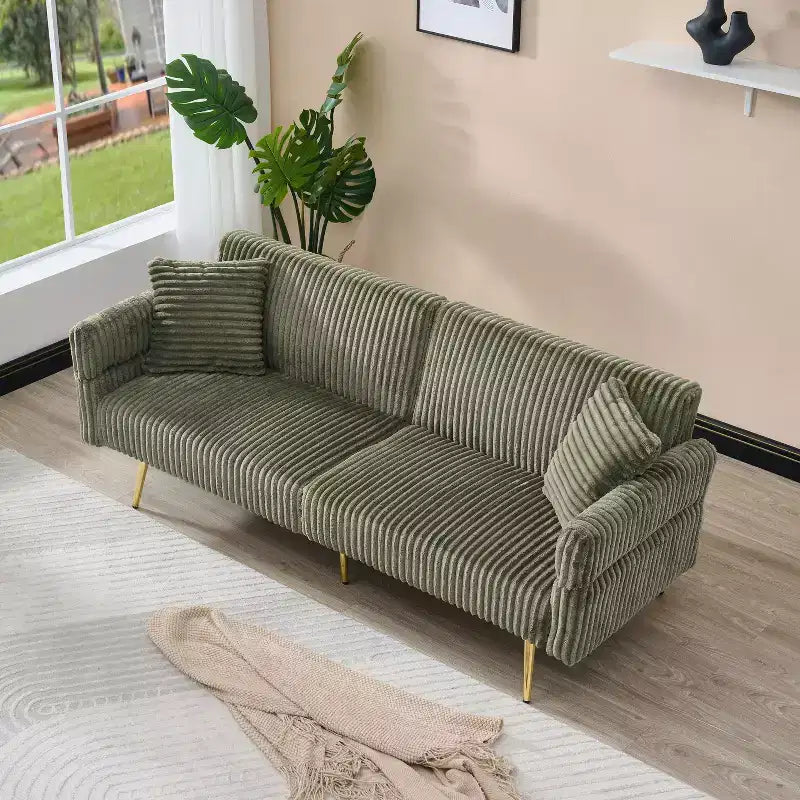 Corduroy Sofa Foldable Double Sofa Bed with Folding Armrests Suitable for Living Room and Small Spaces Green