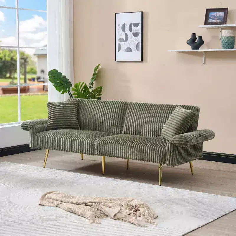 Corduroy Sofa Foldable Double Sofa Bed with Folding Armrests Suitable for Living Room and Small Spaces Green