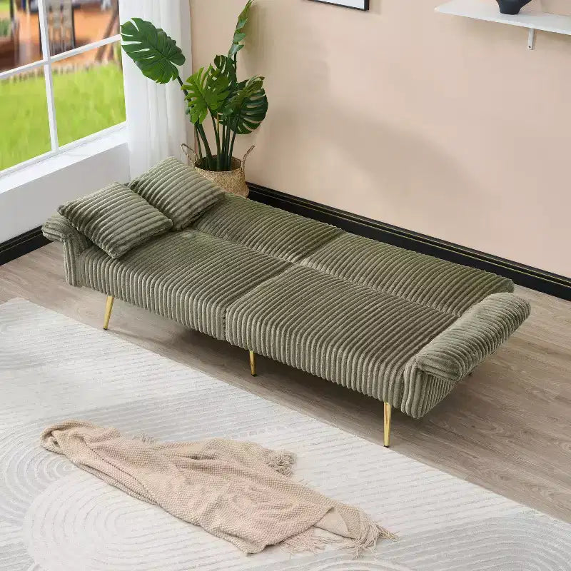Corduroy Sofa Foldable Double Sofa Bed with Folding Armrests Suitable for Living Room and Small Spaces Green