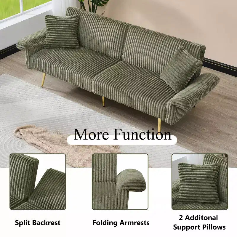 Corduroy Sofa Foldable Double Sofa Bed with Folding Armrests Suitable for Living Room and Small Spaces Green