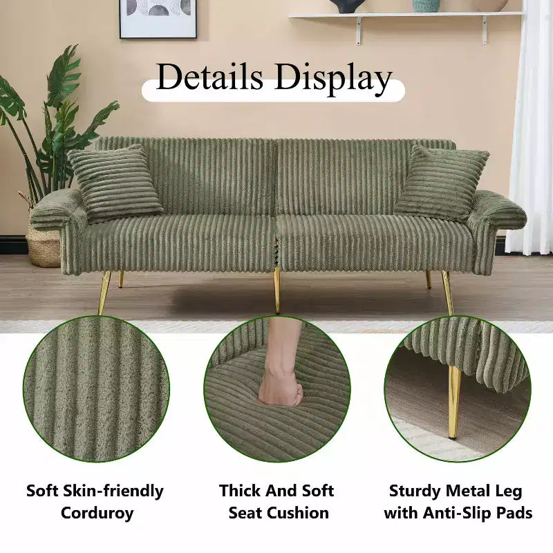 Corduroy Sofa Foldable Double Sofa Bed with Folding Armrests Suitable for Living Room and Small Spaces Green