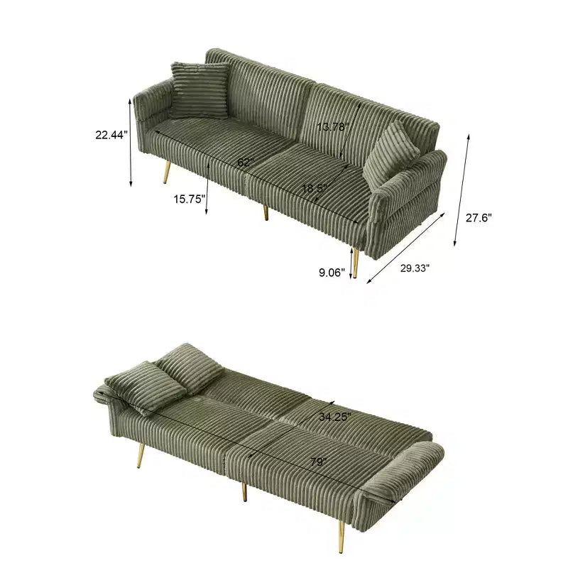 Corduroy Sofa Foldable Double Sofa Bed with Folding Armrests Suitable for Living Room and Small Spaces Green