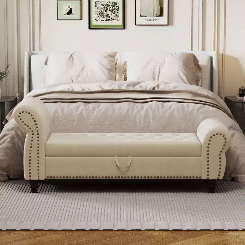 Bed Bench for Bed Room Nails Tufted Chaise of Lounge with Storage Velvet Upholstery Bench, Lake Blue
