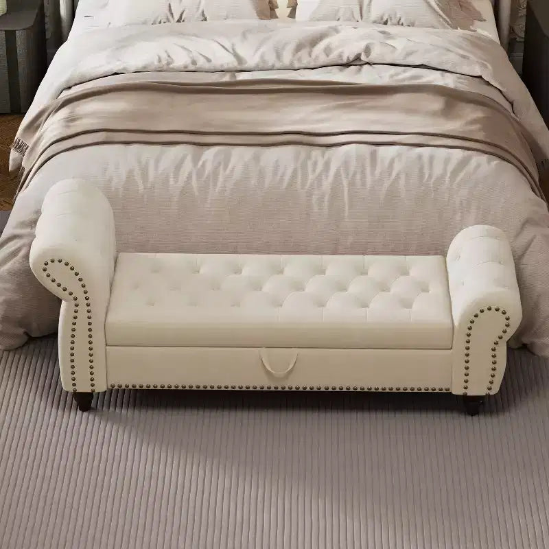 Bed Bench for Bed Room Nails Tufted Chaise of Lounge with Storage Velvet Upholstery Bench, Lake Blue