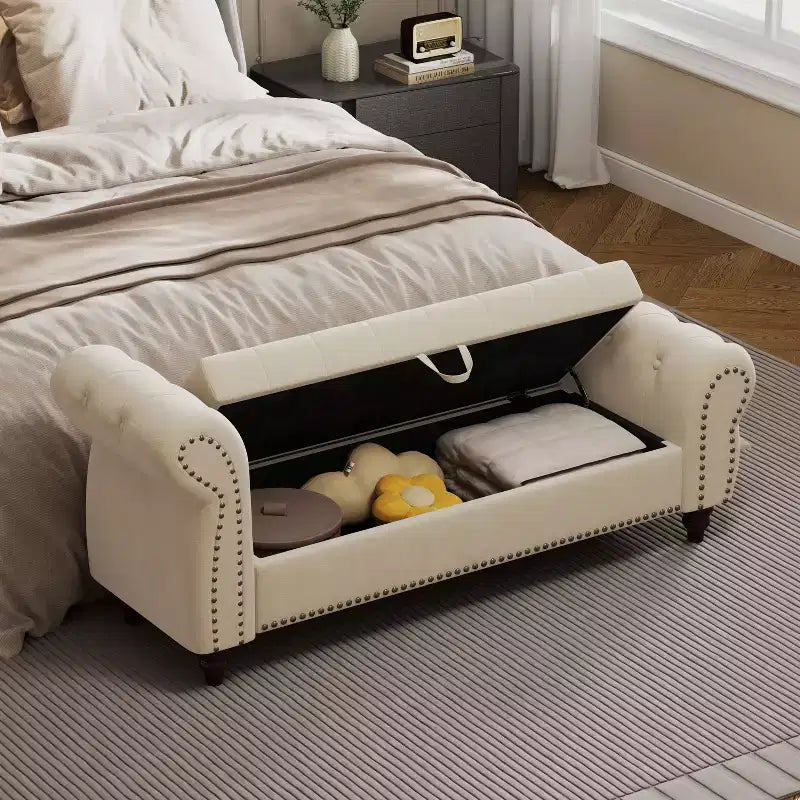 Bed Bench for Bed Room Nails Tufted Chaise of Lounge with Storage Velvet Upholstery Bench, Lake Blue