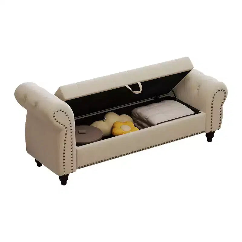 Bed Bench for Bed Room Nails Tufted Chaise of Lounge with Storage Velvet Upholstery Bench, Lake Blue