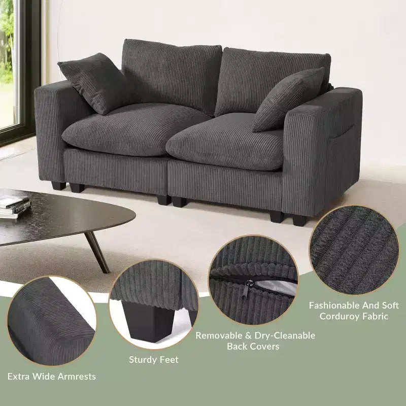 70 Modular Corduroy Loveseat Sofa With USB/Type-C Ports and Side Pockets