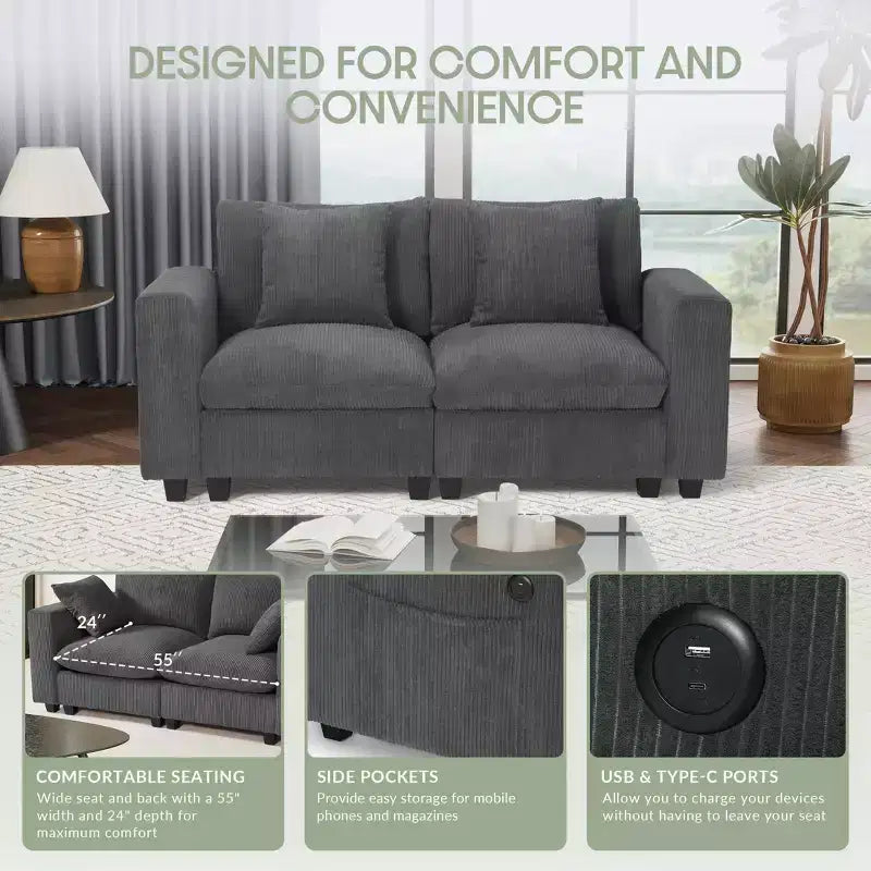 70 Modular Corduroy Loveseat Sofa With USB/Type-C Ports and Side Pockets