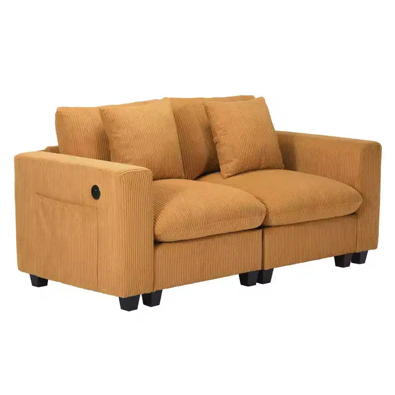 70 Modular Corduroy Loveseat Sofa With USB/Type-C Ports and Side Pockets