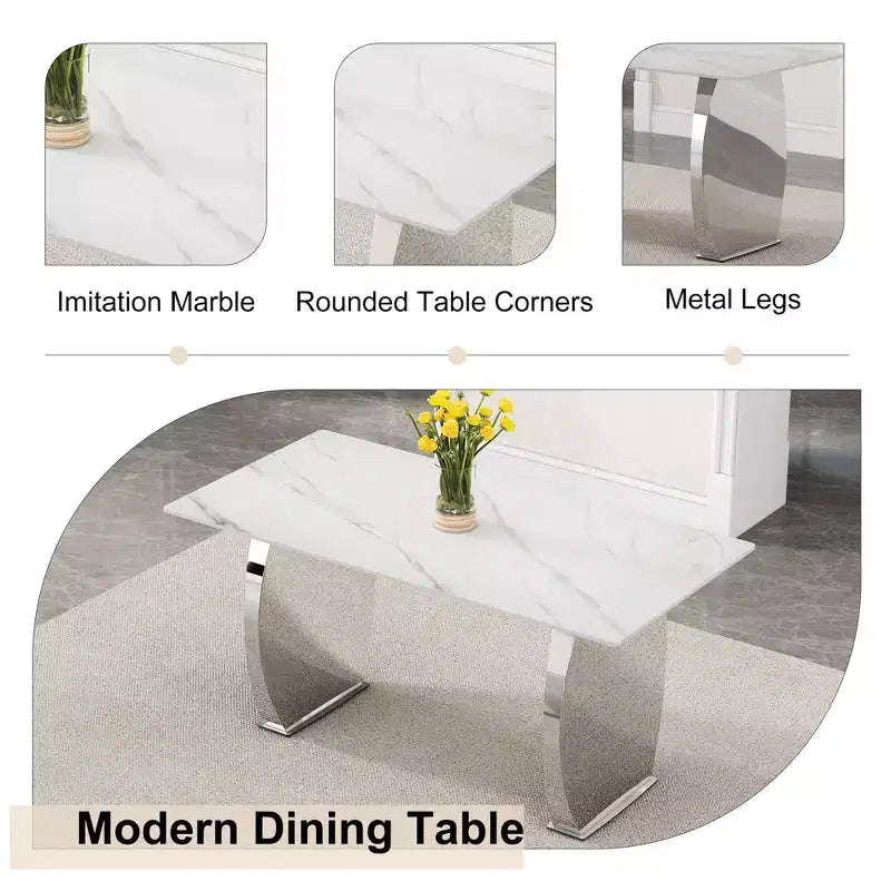 Rectangular Dining Table with Patterned Tabletop, Stone Kitchen Table for Dining Room Living Room Office Kitchen