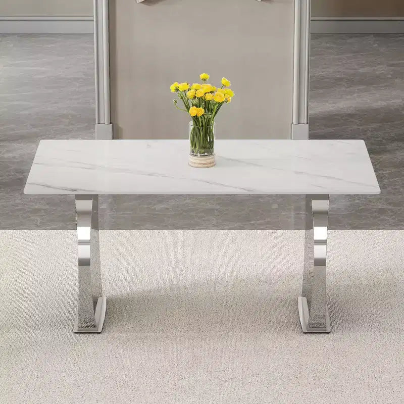 Rectangular Dining Table with Patterned Tabletop, Stone Kitchen Table for Dining Room Living Room Office Kitchen