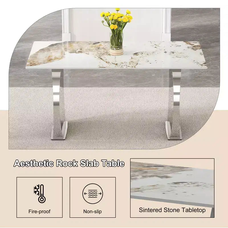 Rectangular Dining Table with Patterned Tabletop, Stone Kitchen Table for Dining Room Living Room Office Kitchen
