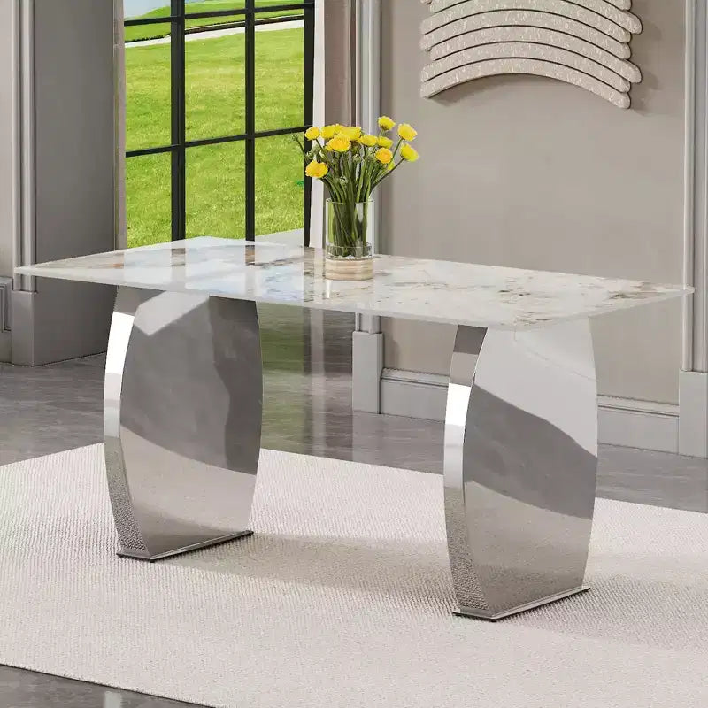 Rectangular Dining Table with Patterned Tabletop, Stone Kitchen Table for Dining Room Living Room Office Kitchen