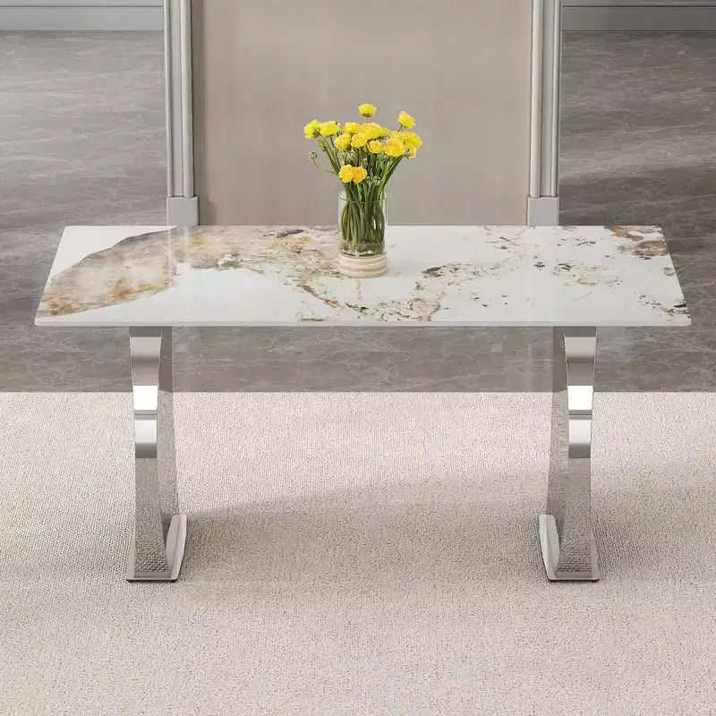 Rectangular Dining Table with Patterned Tabletop, Stone Kitchen Table for Dining Room Living Room Office Kitchen