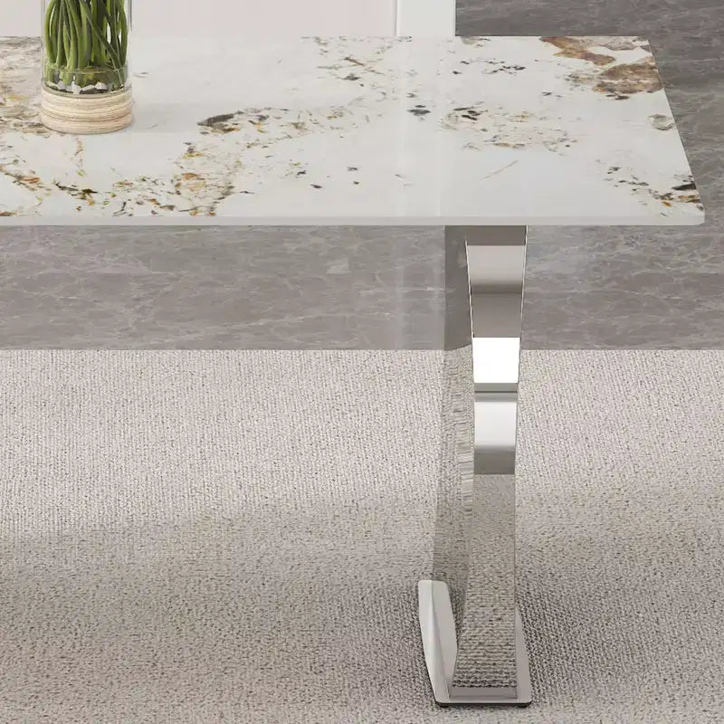 Rectangular Dining Table with Patterned Tabletop, Stone Kitchen Table for Dining Room Living Room Office Kitchen