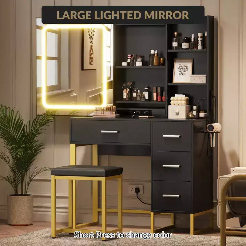 Vanity Desk, Makeup Vanity Desk with Mirror and Lights, Power Outlets, Vanity Table with Cushioned Chair