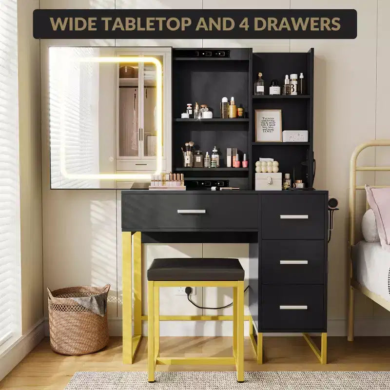 Vanity Desk, Makeup Vanity Desk with Mirror and Lights, Power Outlets, Vanity Table with Cushioned Chair