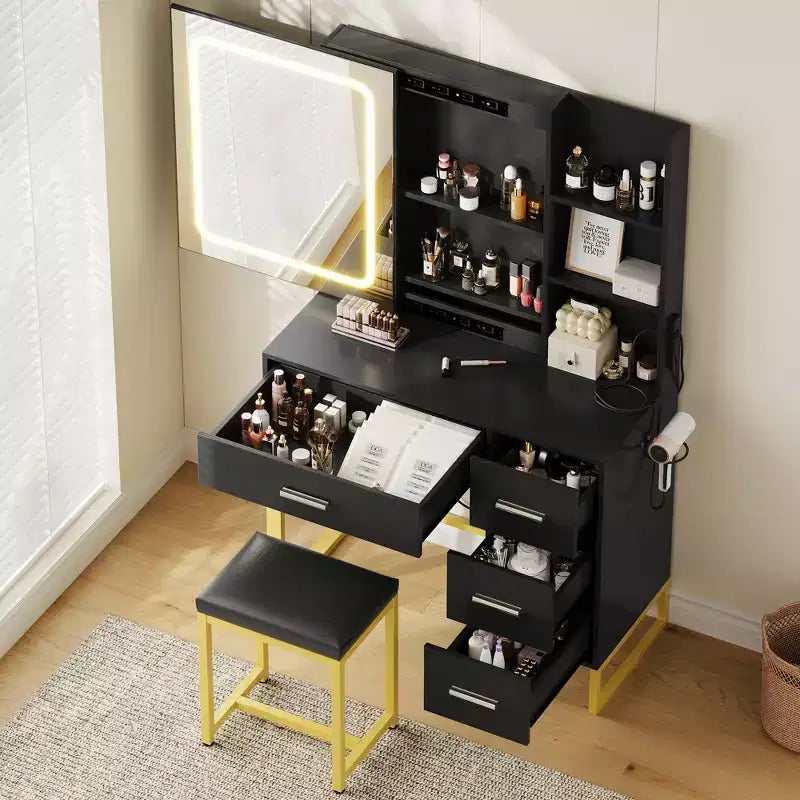Vanity Desk, Makeup Vanity Desk with Mirror and Lights, Power Outlets, Vanity Table with Cushioned Chair