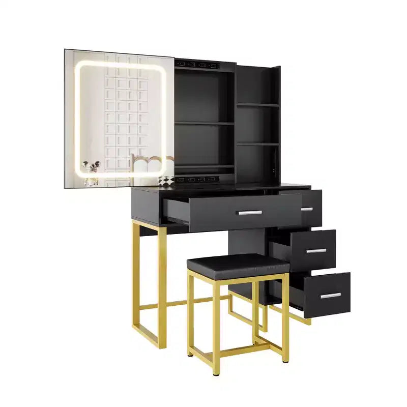 Vanity Desk, Makeup Vanity Desk with Mirror and Lights, Power Outlets, Vanity Table with Cushioned Chair