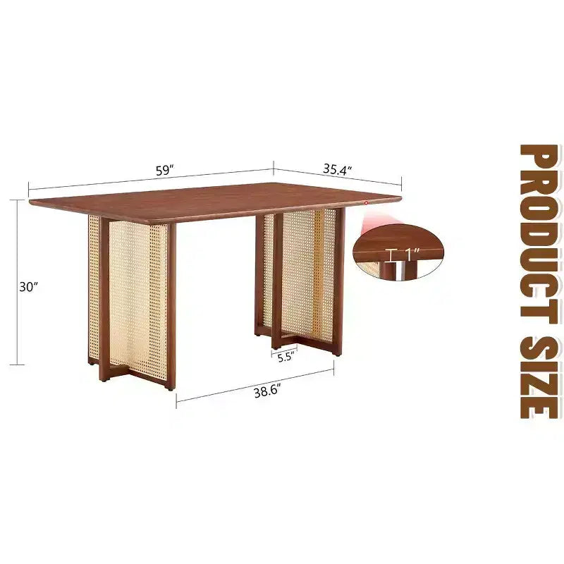Retro Wood Dining Table, Modern Imitation Rattan Dining Table for Dining Room, Living Room, Office