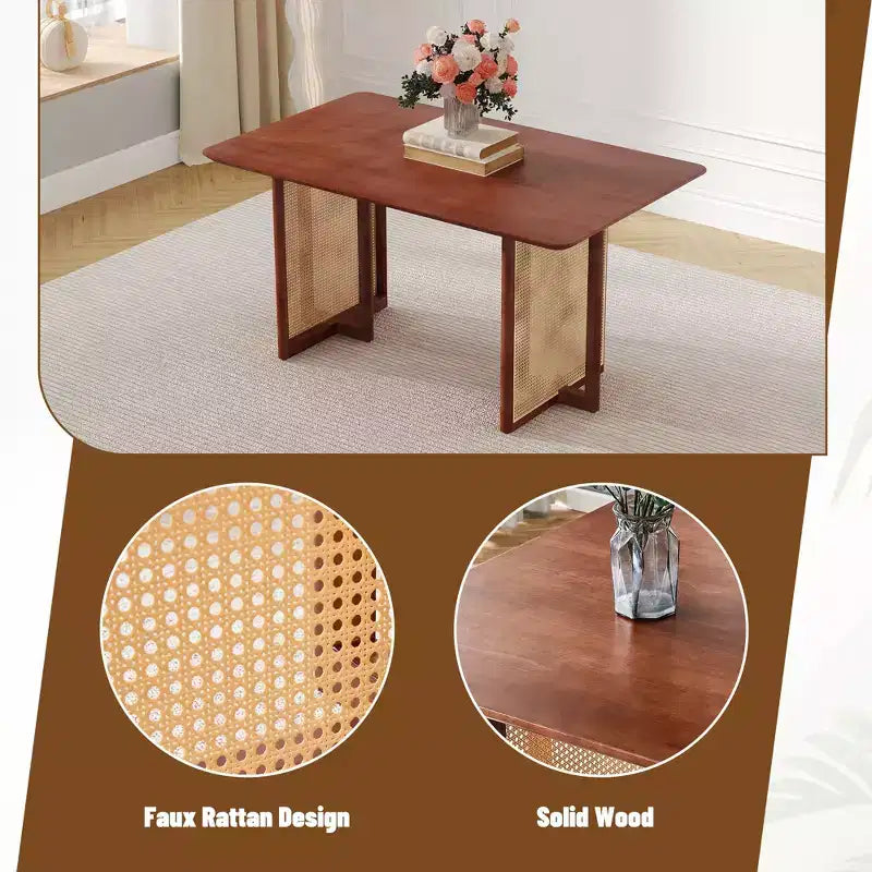 Retro Wood Dining Table, Modern Imitation Rattan Dining Table for Dining Room, Living Room, Office