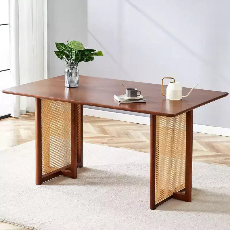 Retro Wood Dining Table, Modern Imitation Rattan Dining Table for Dining Room, Living Room, Office